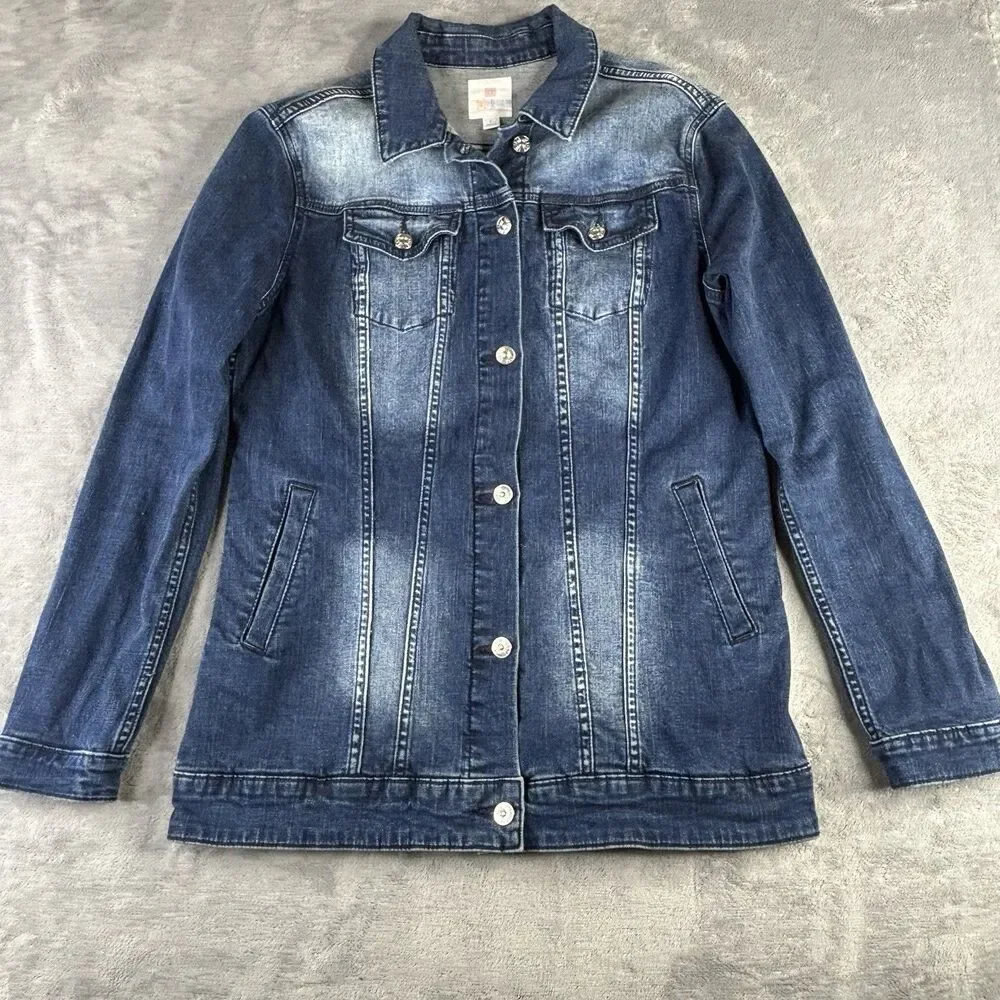 Lularoe Harvey Denim Jean Jacket Embroidered Floral Dark Wash Women Large Button